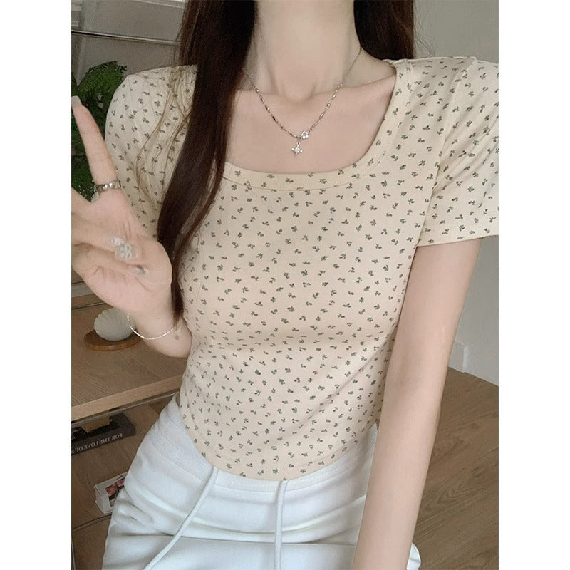 Floral Square Collar Women Slim Summer T-Shirt