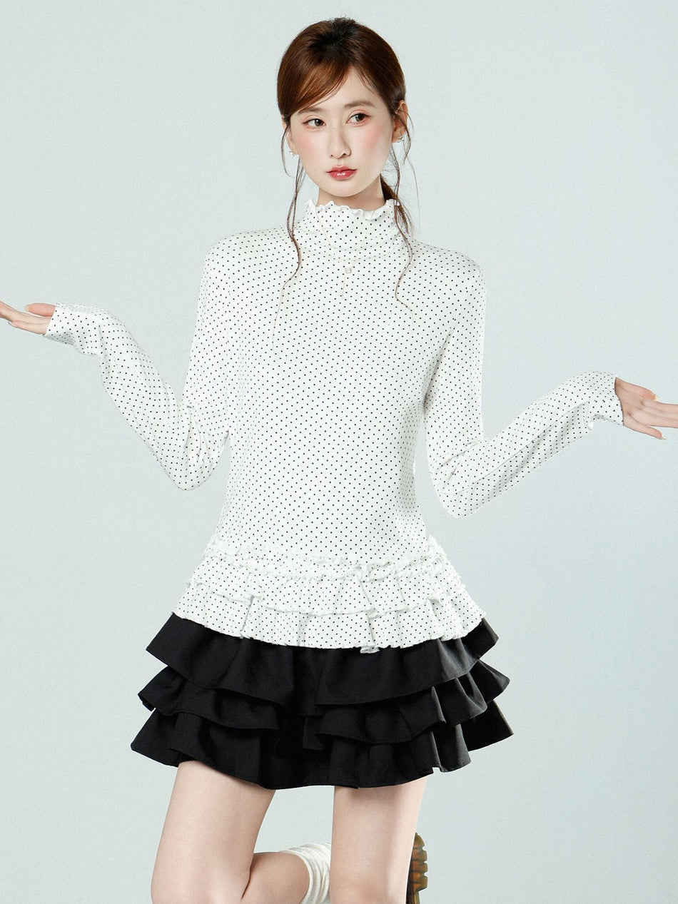 White Polka Dot Turtleneck Long Sleeve Women’s T-Shirt