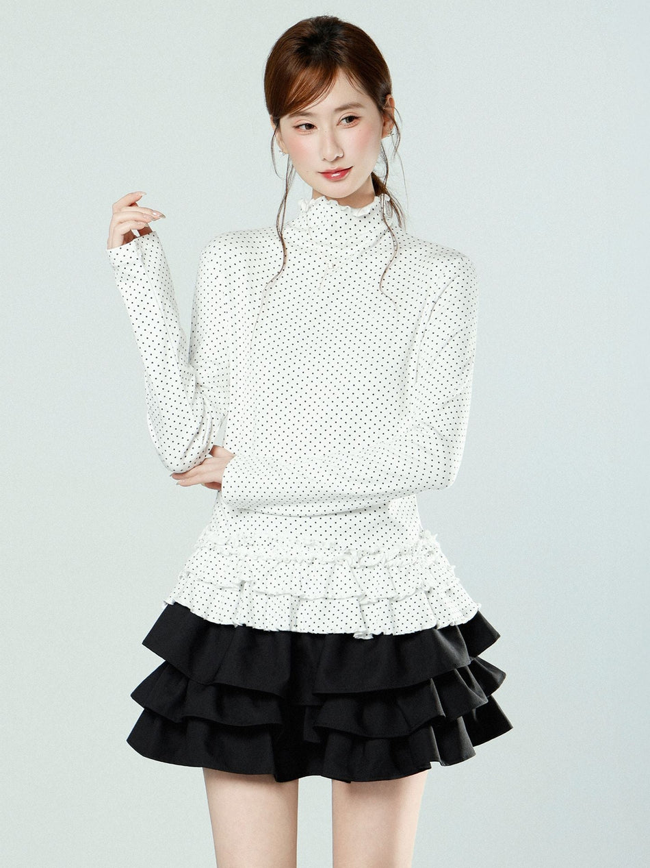 White Polka Dot Turtleneck Long Sleeve Women’s T-Shirt