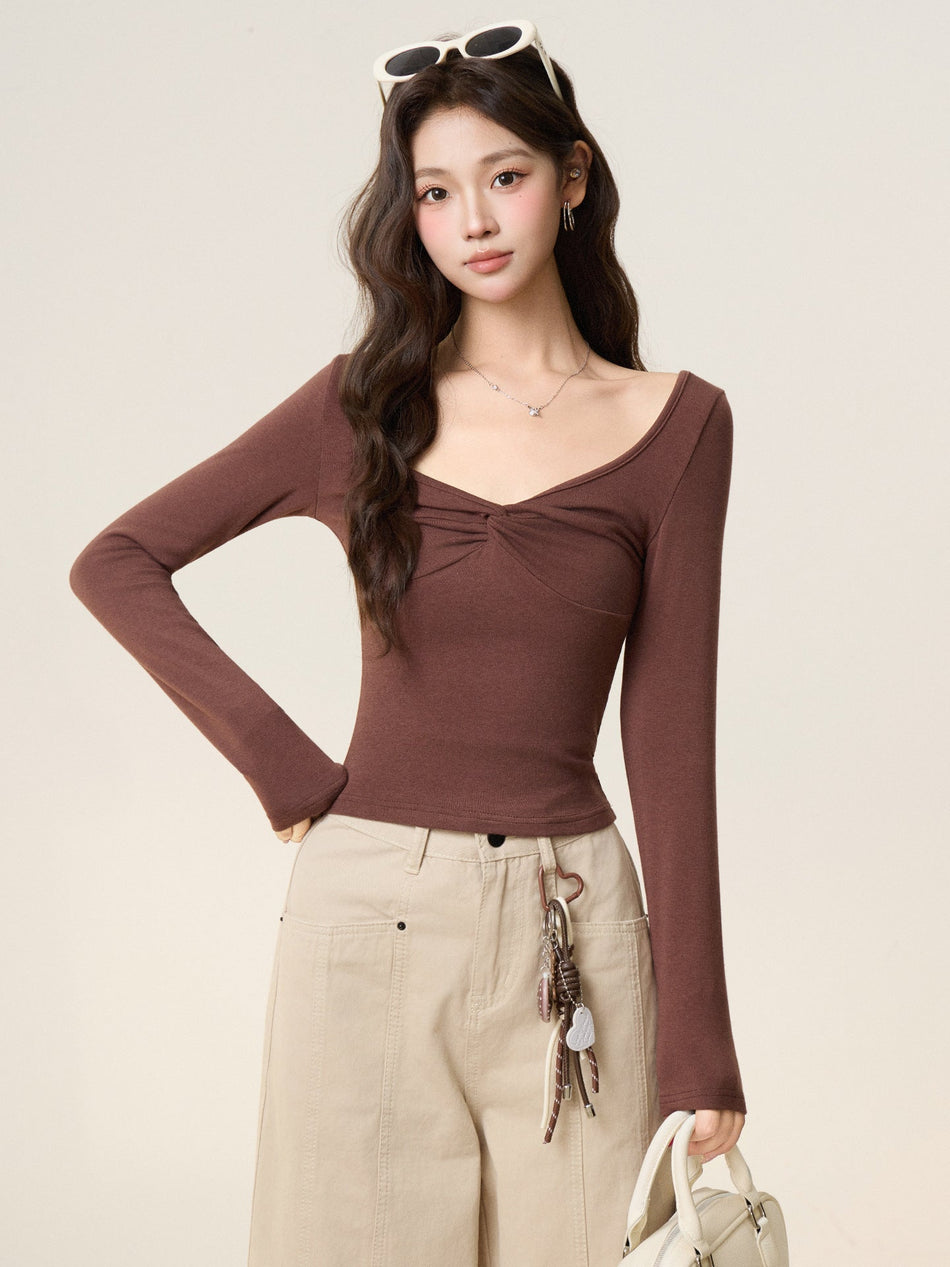 Retro Coffee V-Neck Twist Knot Women’s T-Shirt