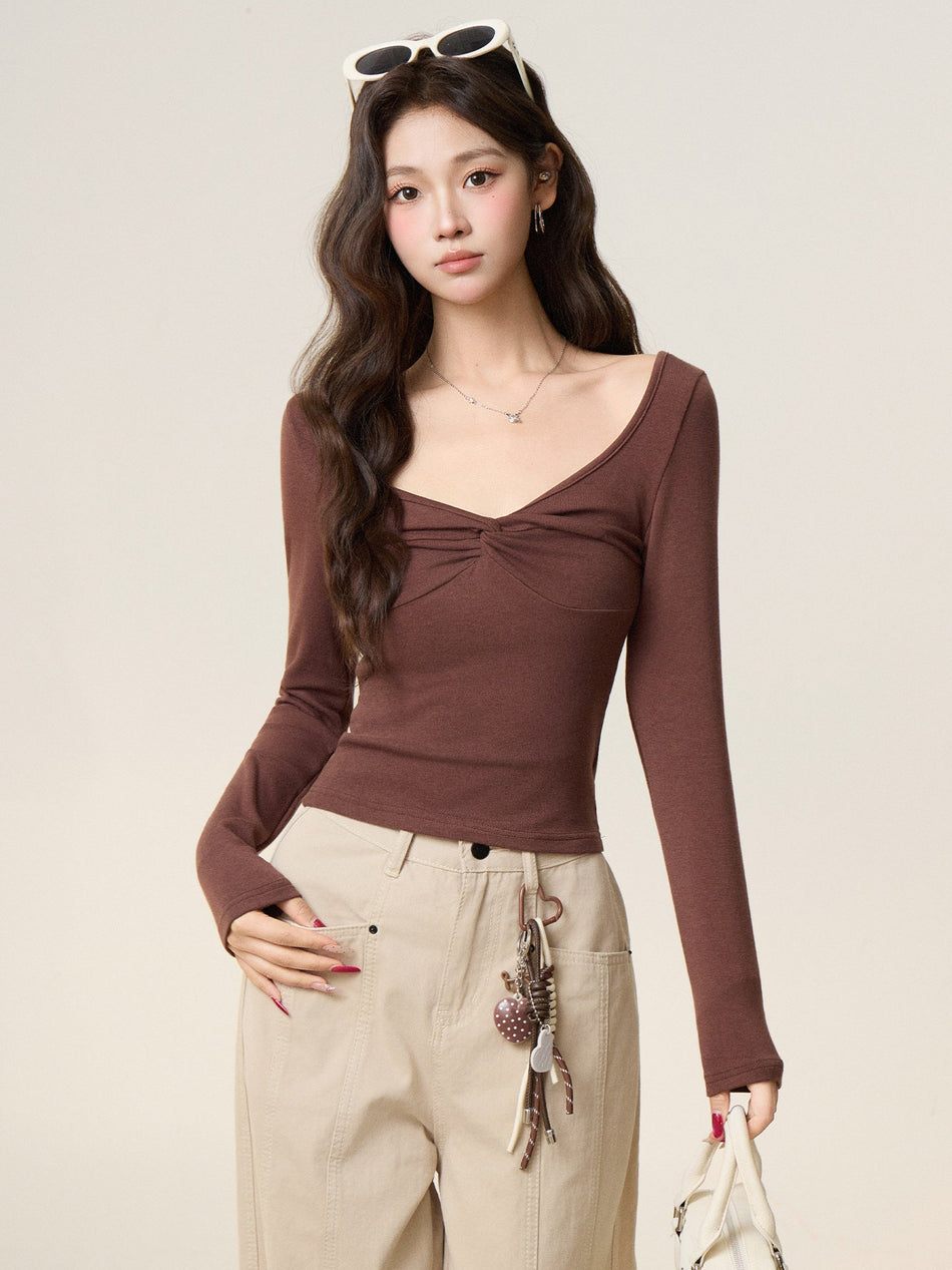 Retro Coffee V-Neck Twist Knot Women’s T-Shirt