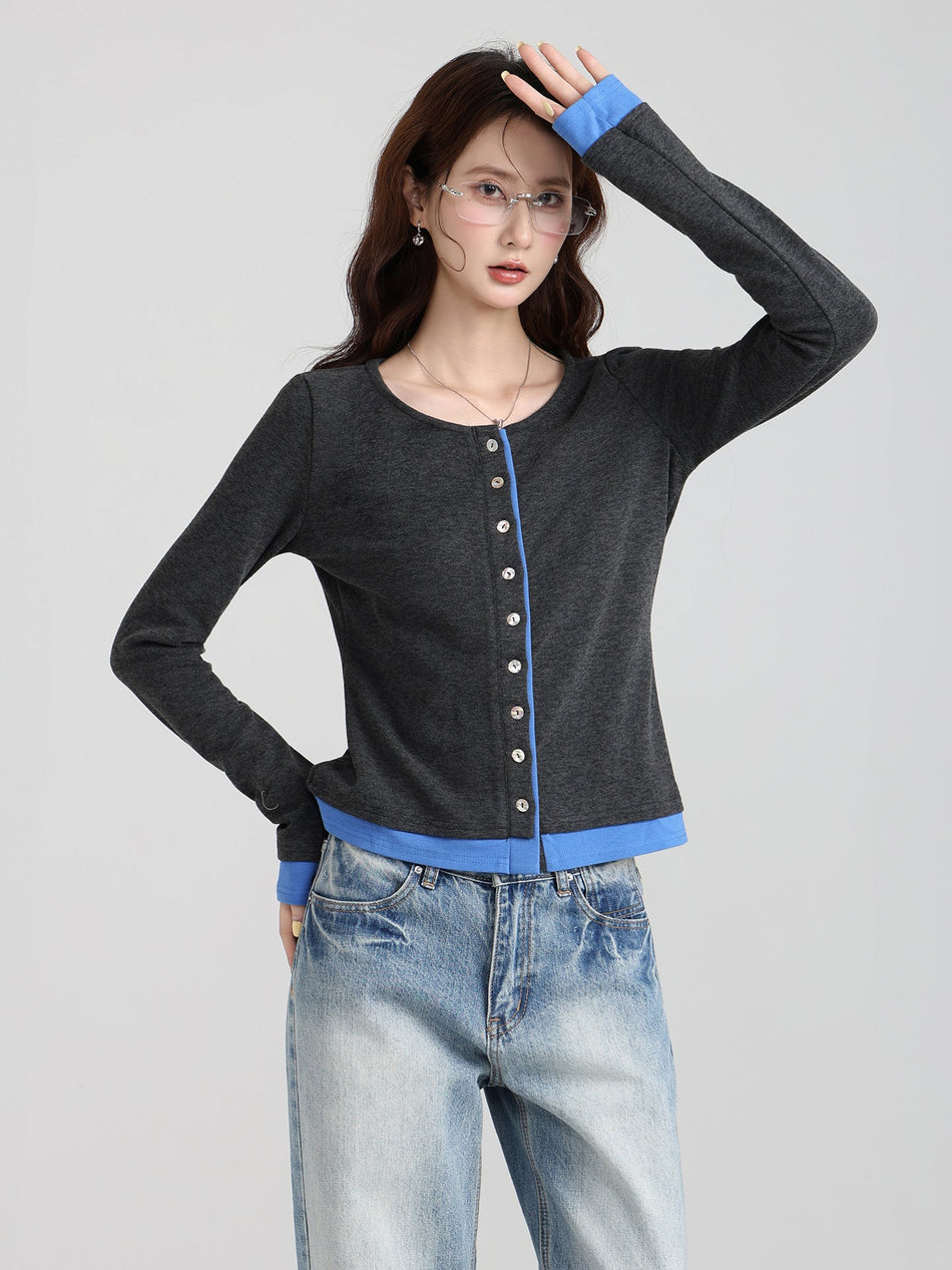Retro Gray Fake Two Women Slim Winter Top
