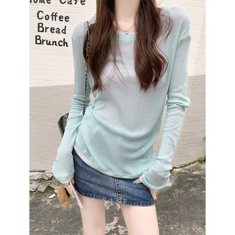 Blue Sunscreen Loose Women Fake Two Summer Top