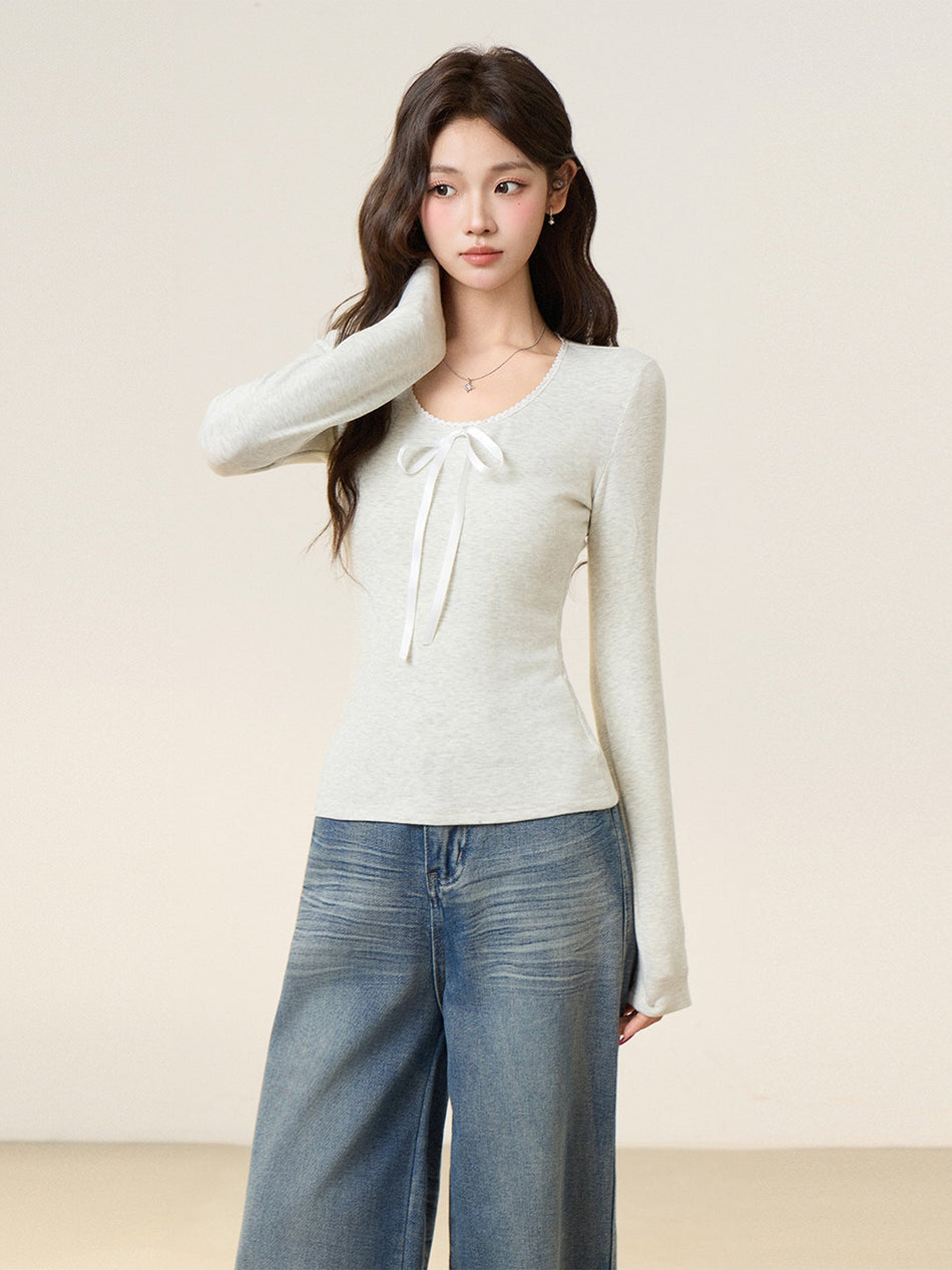 Korean U-Neck Bow Slim Fit Women’s T-Shirt