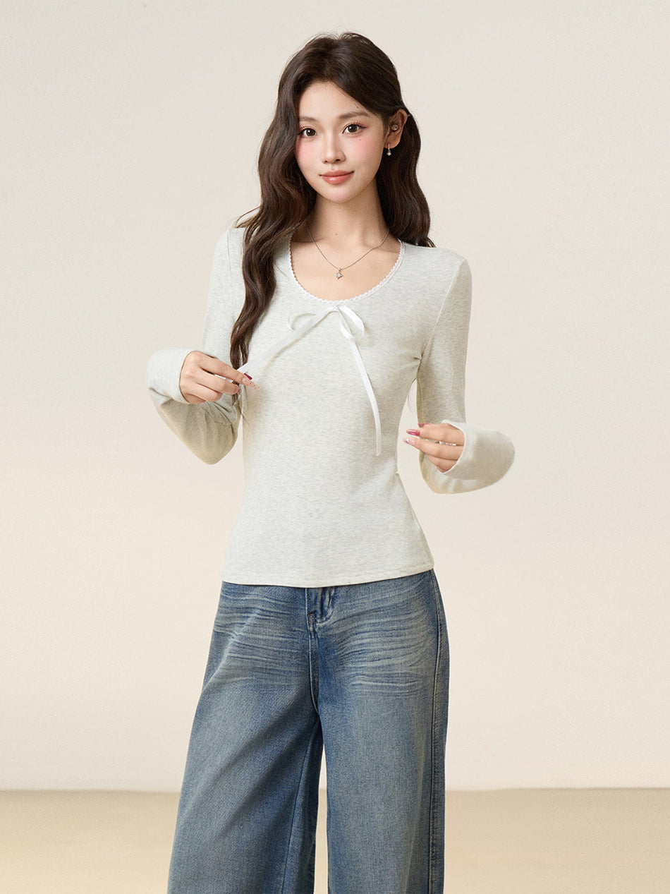 Korean U-Neck Bow Slim Fit Women’s T-Shirt