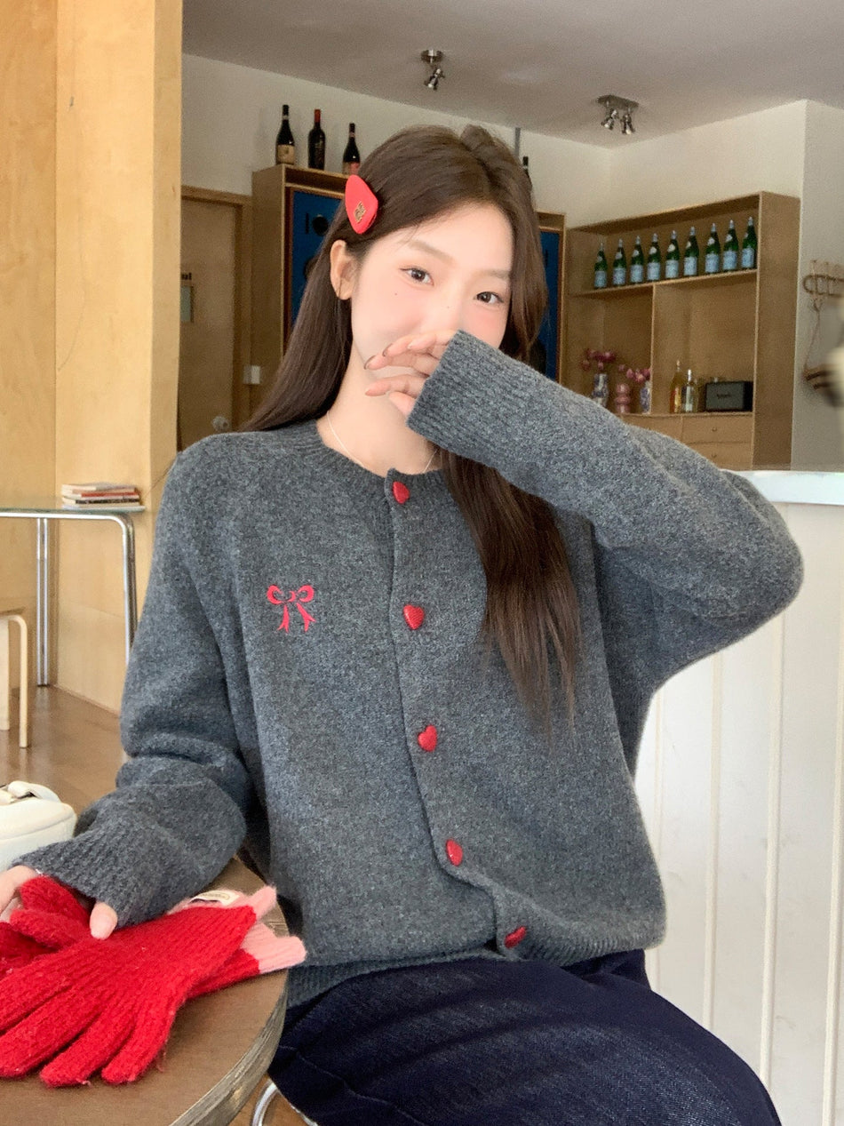 Korean Bow Embroidered Gray Knit Cardigan Women