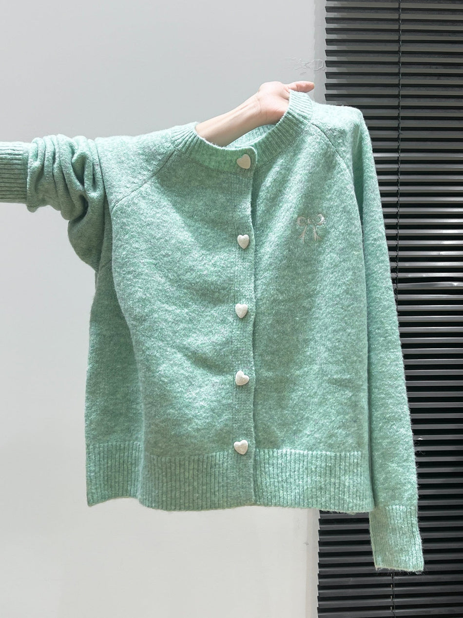 Korean Bow Embroidered Gray Knit Cardigan Women