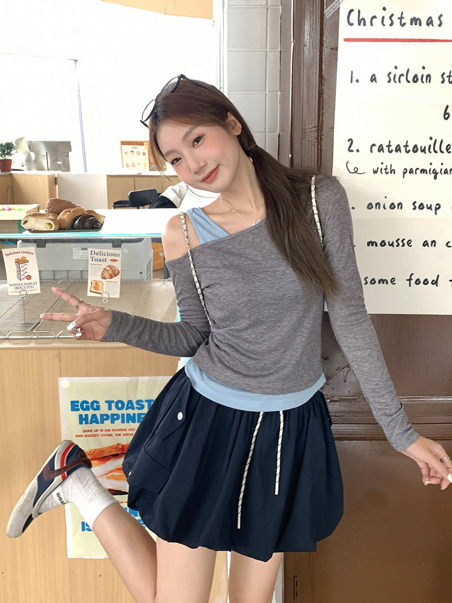 Korean Two-Piece Slanted Shoulder Women’s T-Shirt