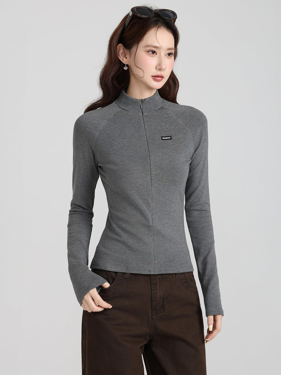 Retro Stand Collar Fleece Women’s Slim T-Shirt Top