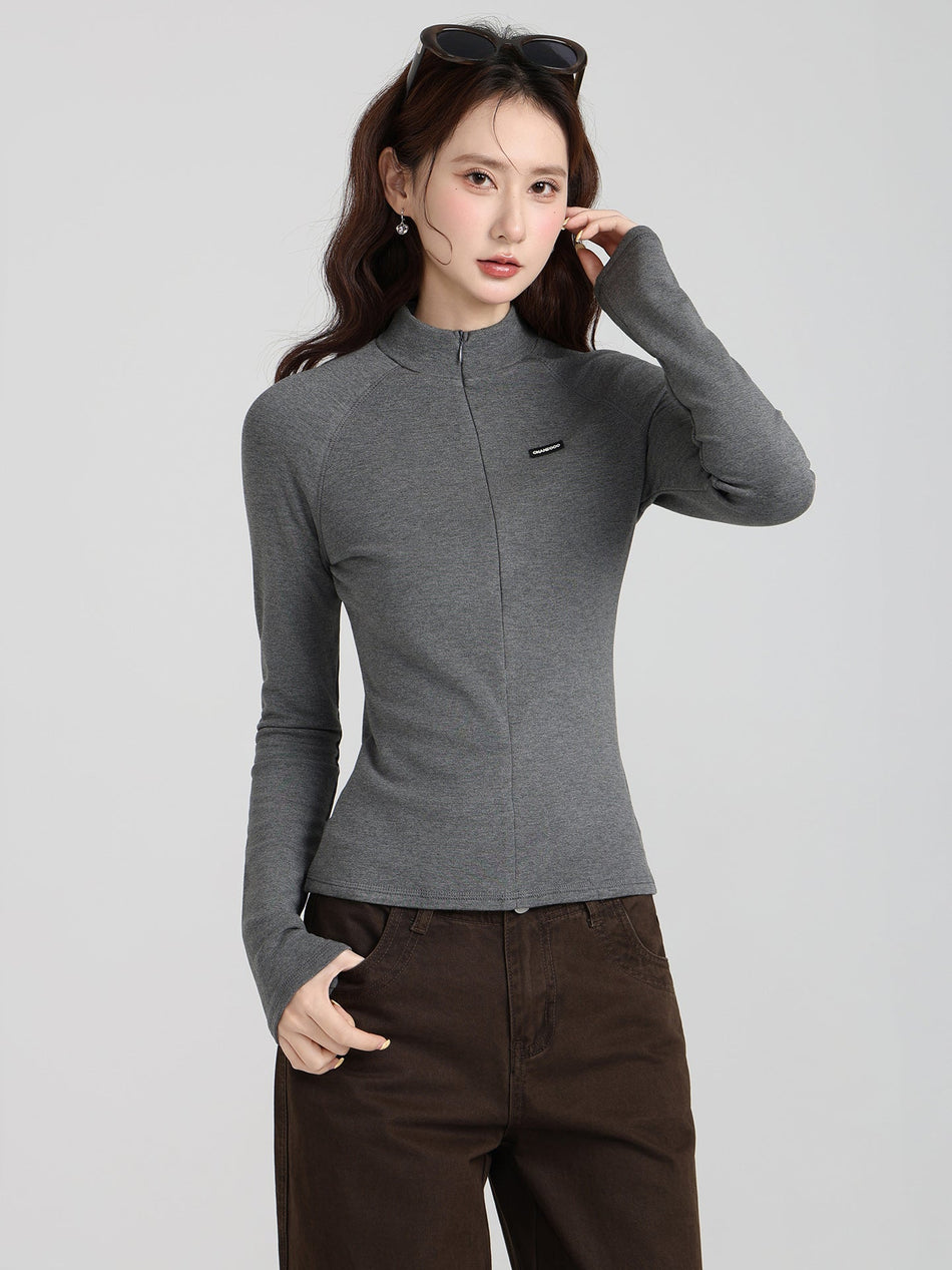 Retro Stand Collar Fleece Women’s Slim T-Shirt Top
