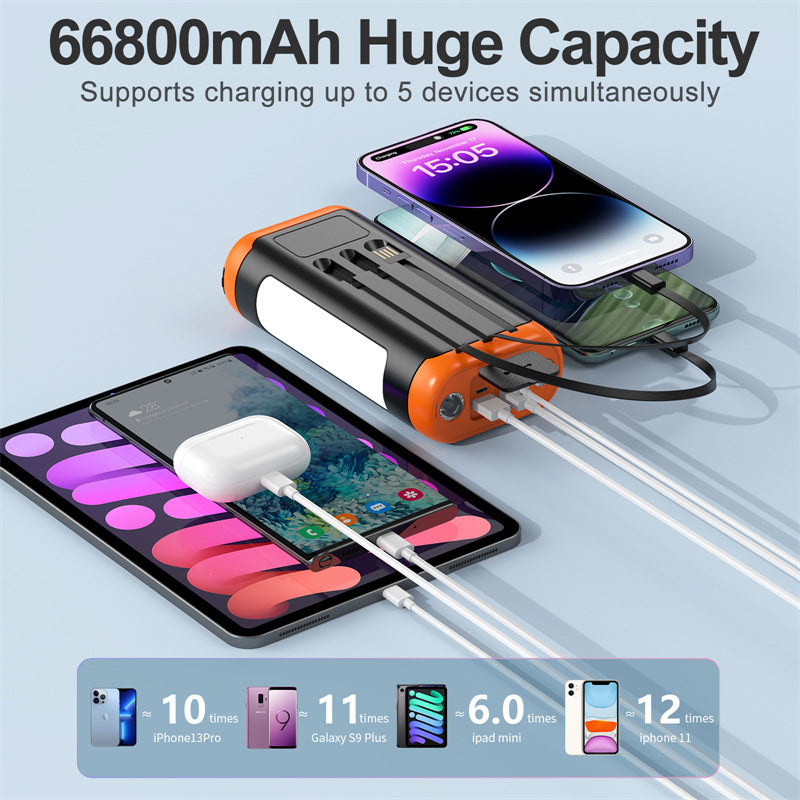 66800mAh Solar Power Bank Hand Crank Built-In Cable