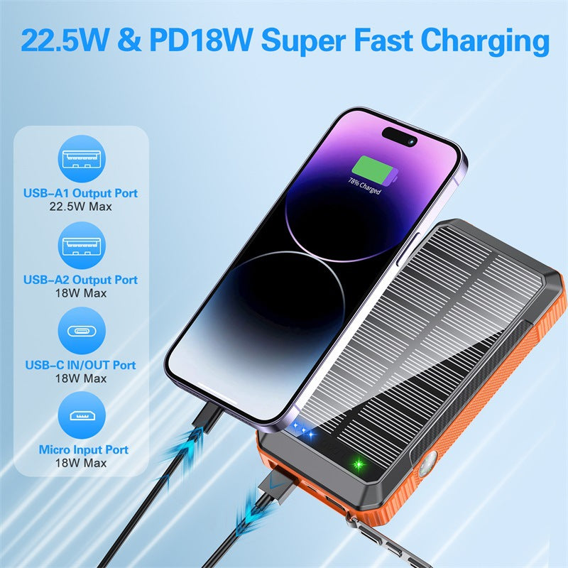 33800mAh Solar Power Bank Fast Charge Built-In Cable