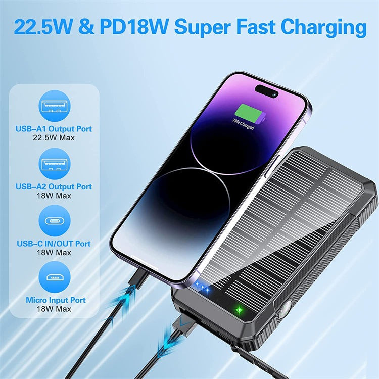 33800mAh Solar Power Bank Fast Wireless Built-In Cable