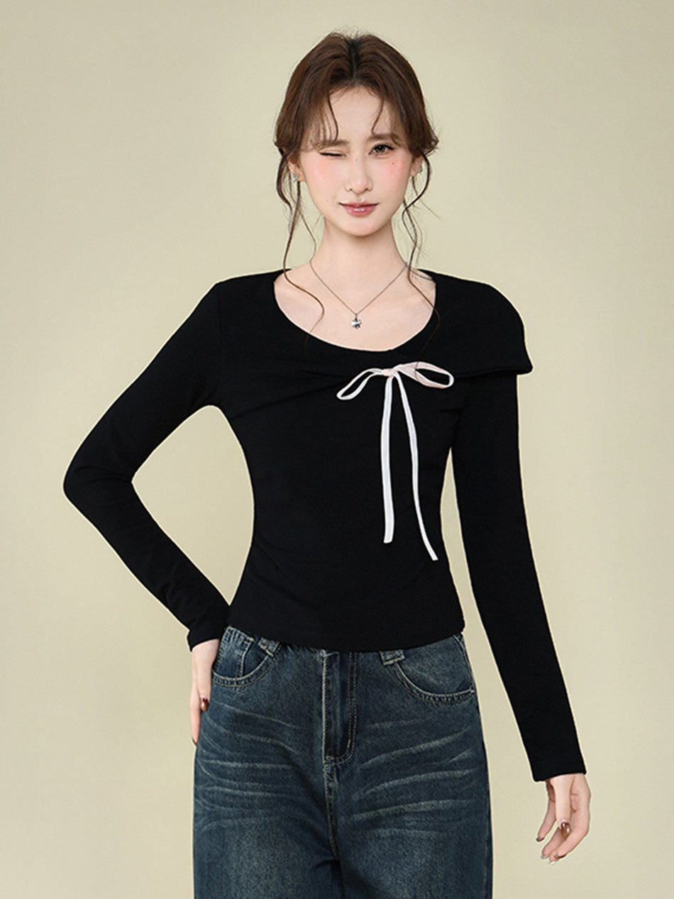 Bow Round Neck Velvet Women’s Winter T-Shirt Top