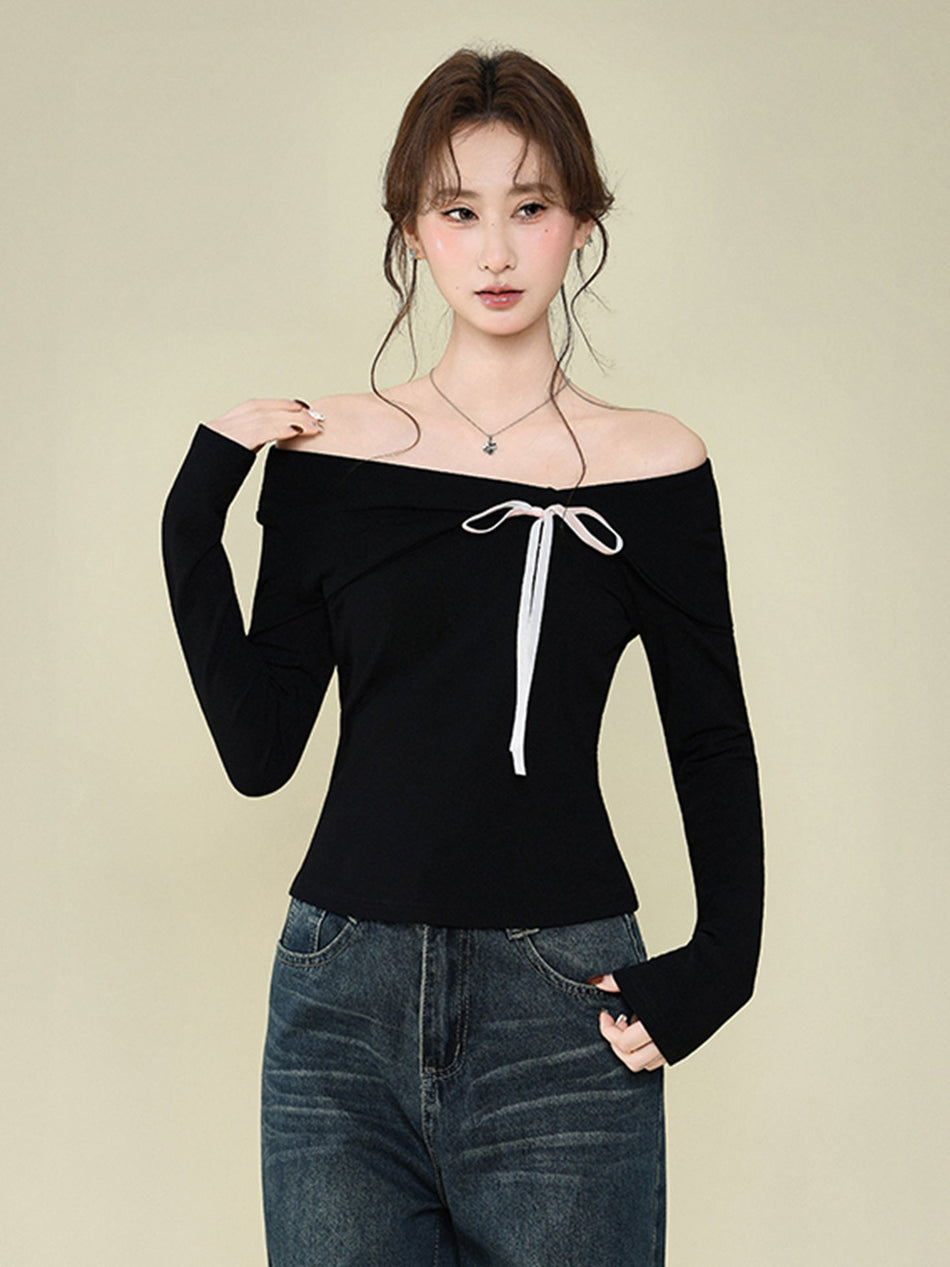 Bow Round Neck Velvet Women’s Winter T-Shirt Top
