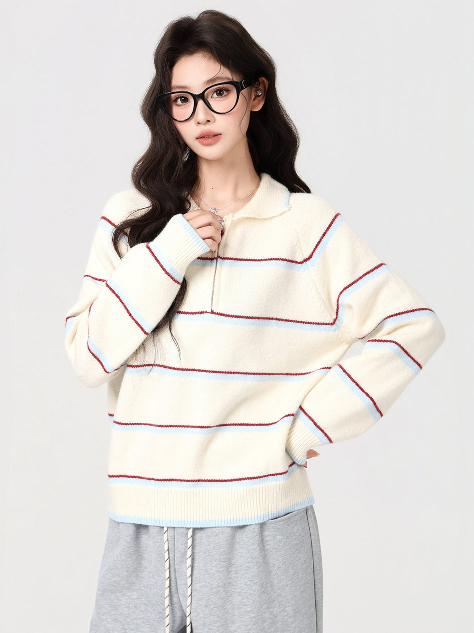 Apricot Polo Stripe Knit Women Sweater Winter Top