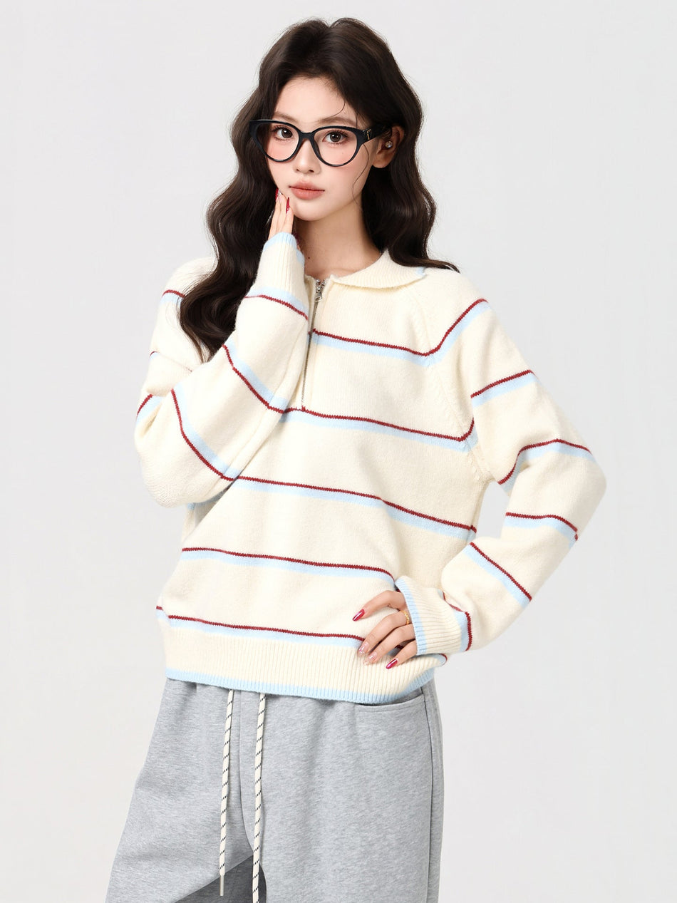 Apricot Polo Stripe Knit Women Sweater Winter Top
