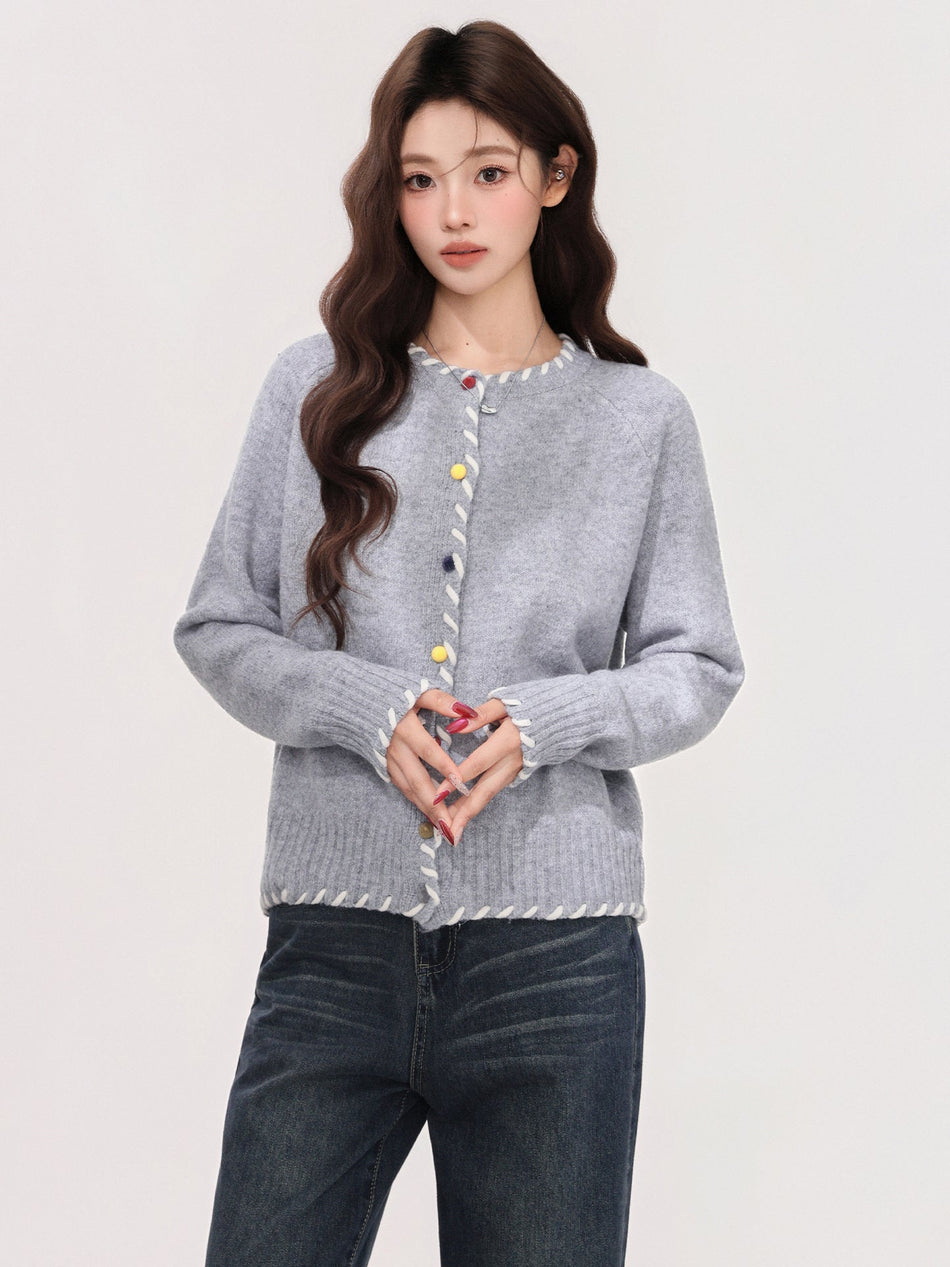 Gray Lazy Style Knit Cardigan Women Winter Sweater