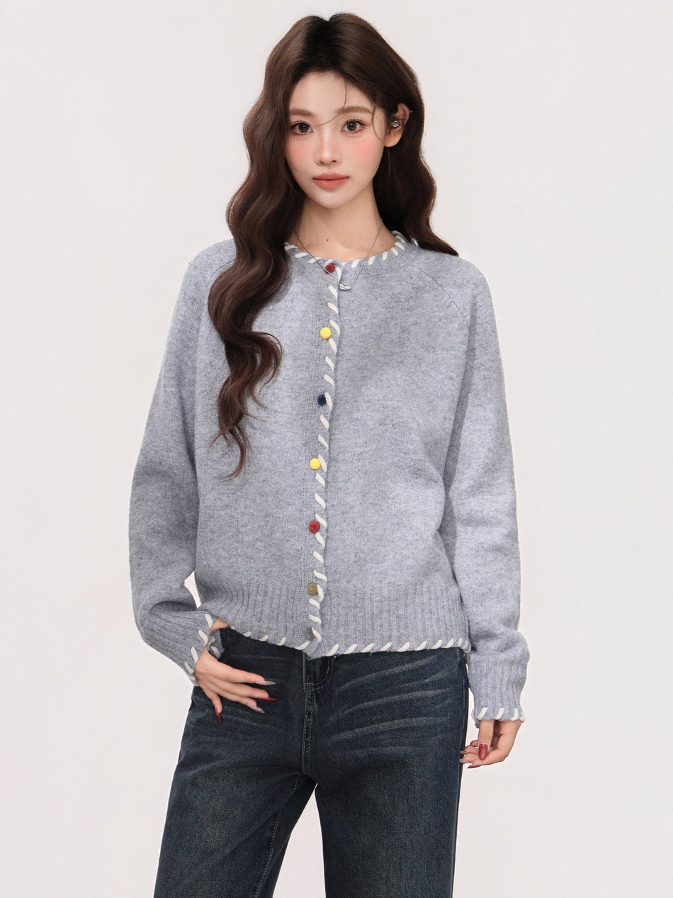 Gray Lazy Style Knit Cardigan Women Winter Sweater