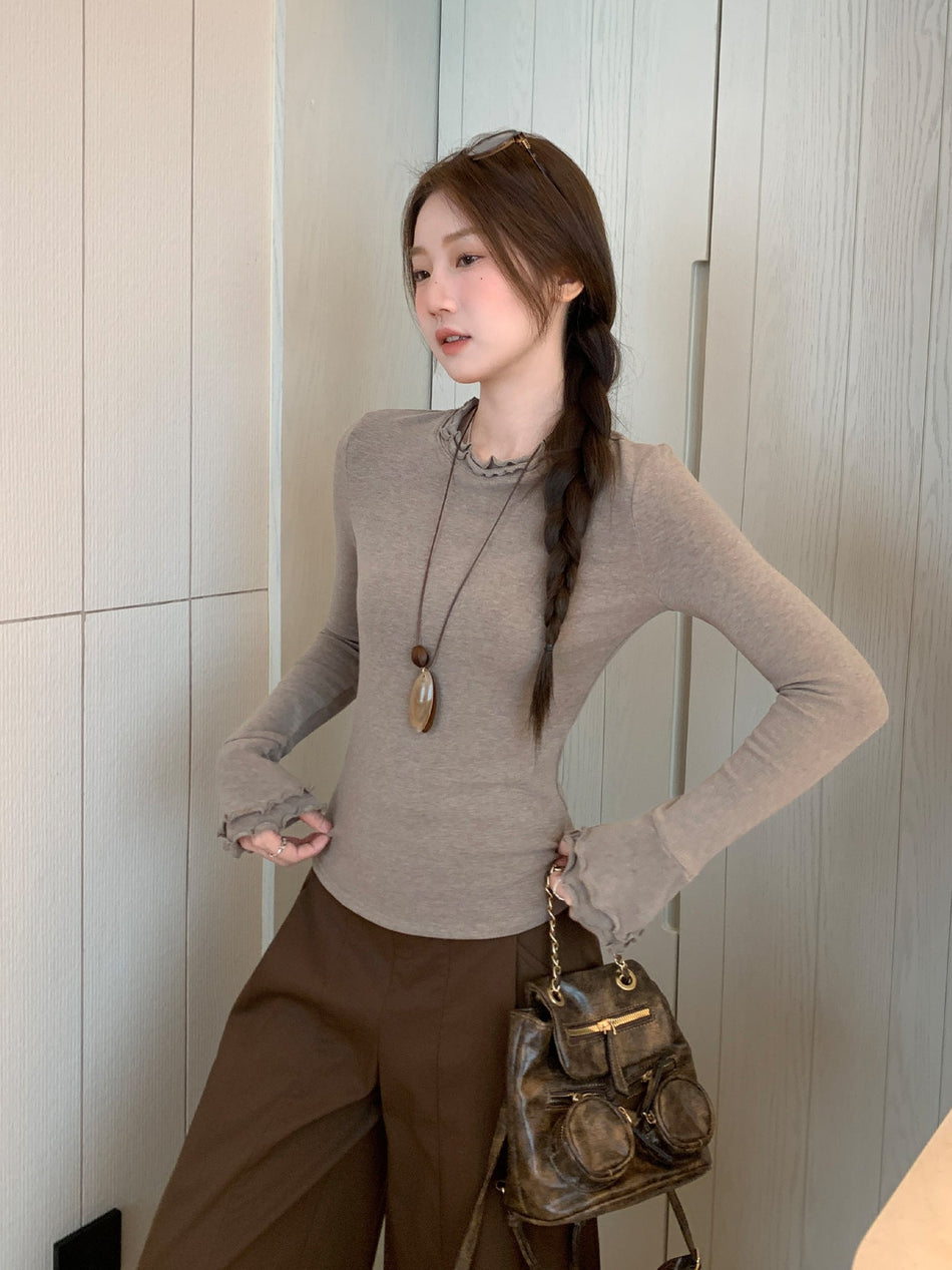 Korean Half Collar Ruffle Slim Women Winter T-Shirt