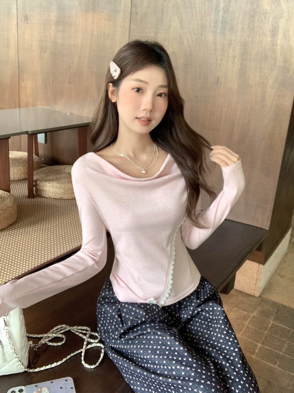 Korean Lace Swing Collar Slim Women Autumn T-Shirt