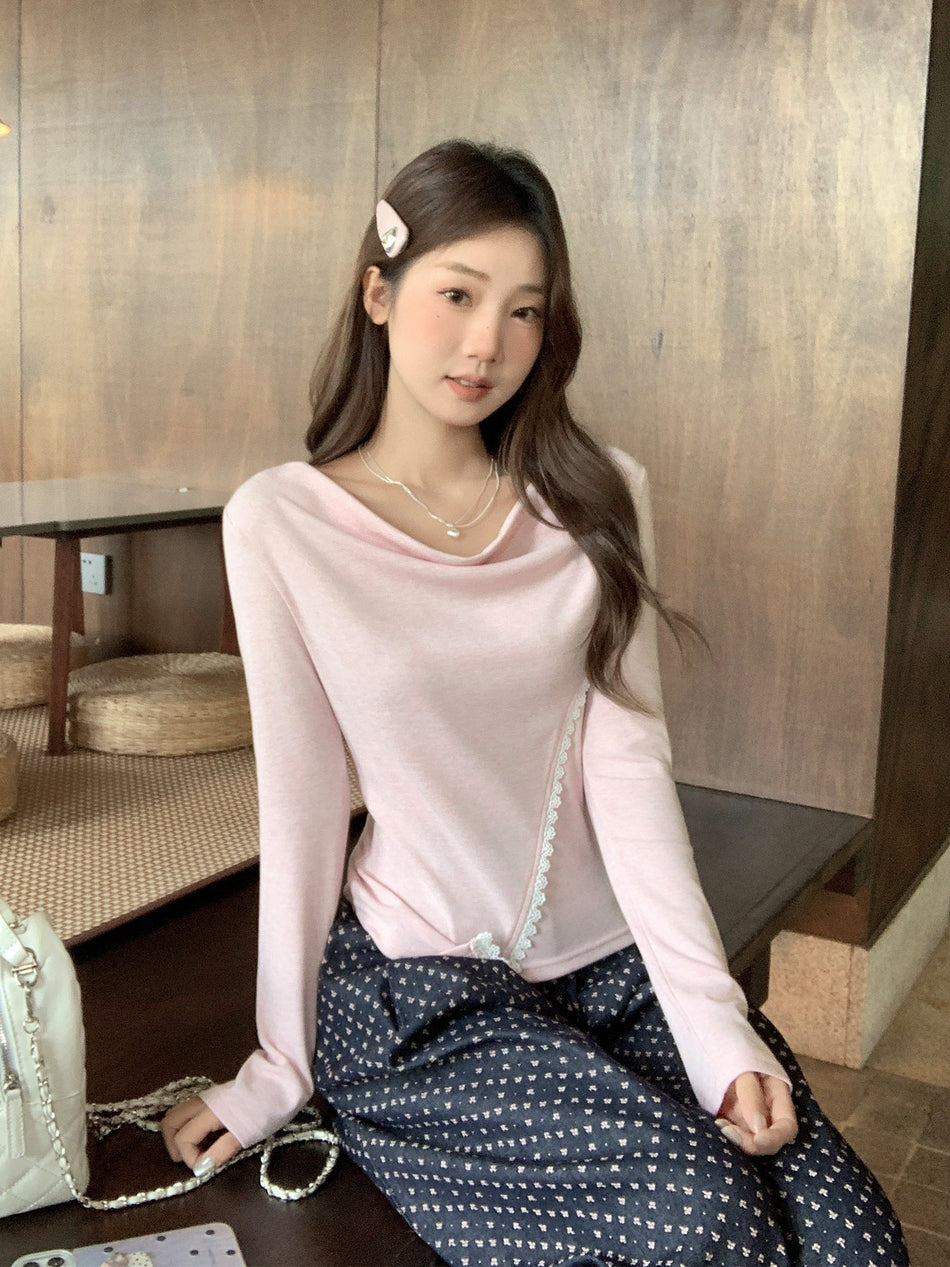 Korean Lace Swing Collar Slim Women Autumn T-Shirt