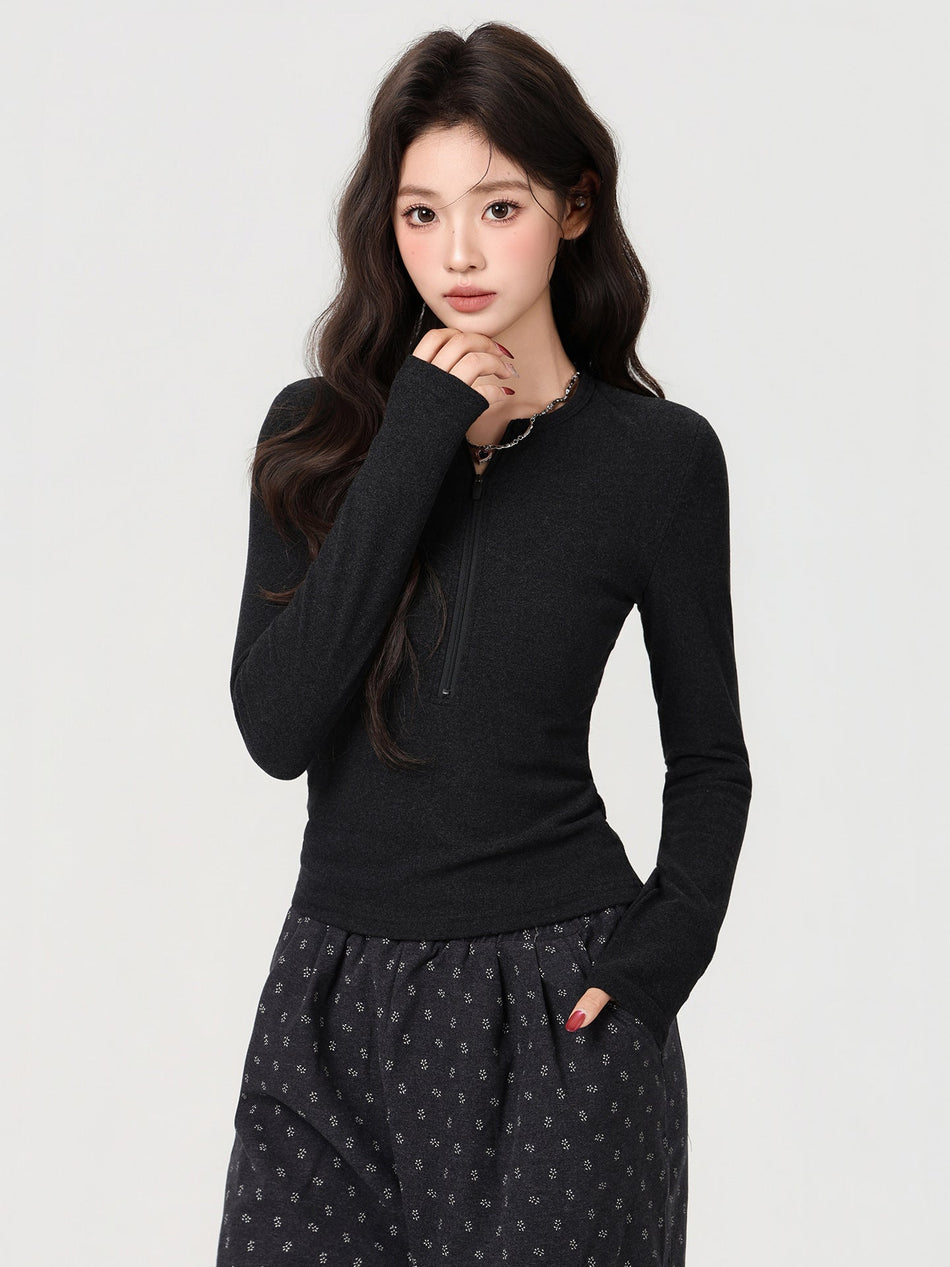 Zipper Collar Wool Slim Fit Women Winter T-Shirt