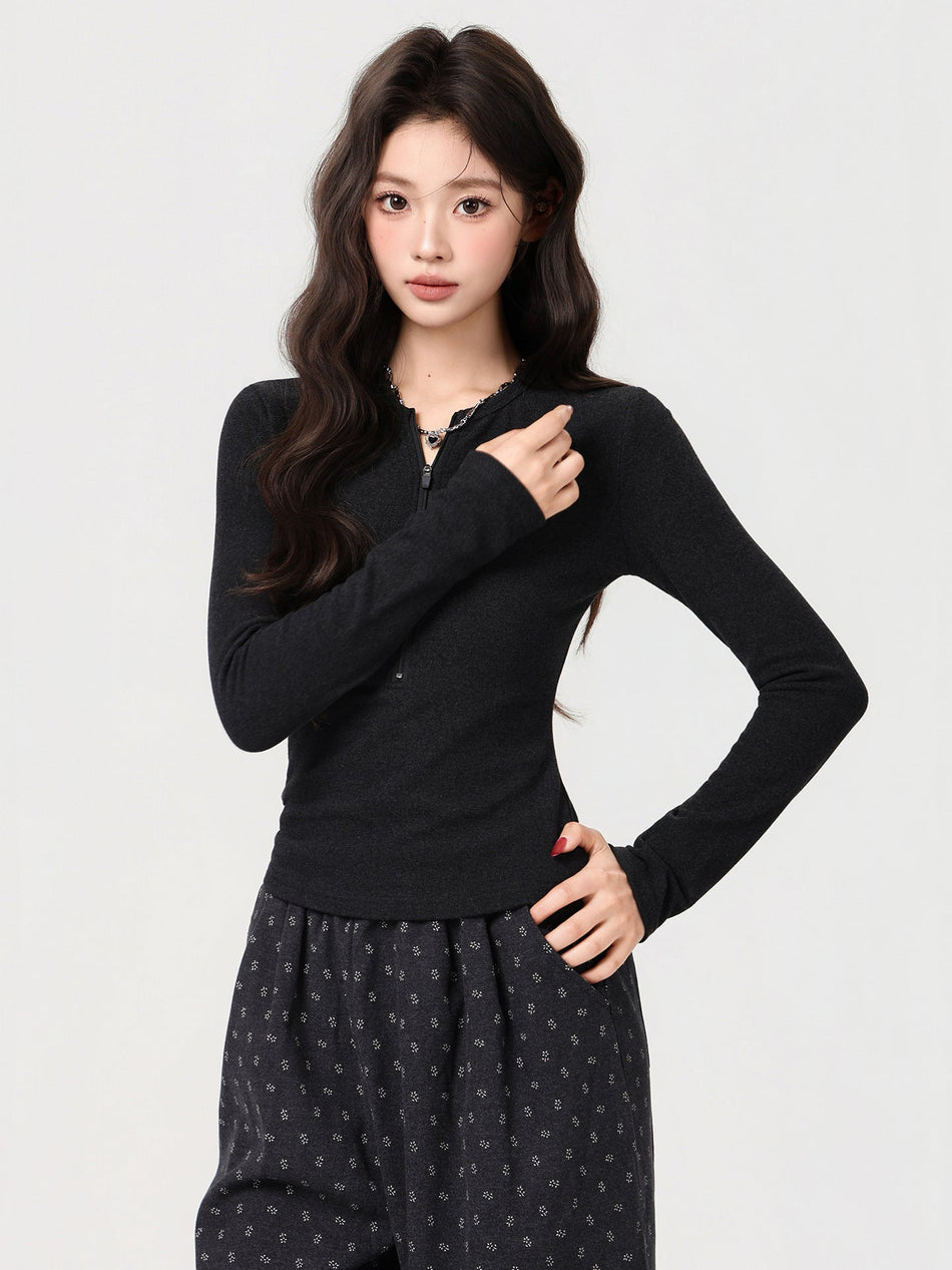 Zipper Collar Wool Slim Fit Women Winter T-Shirt