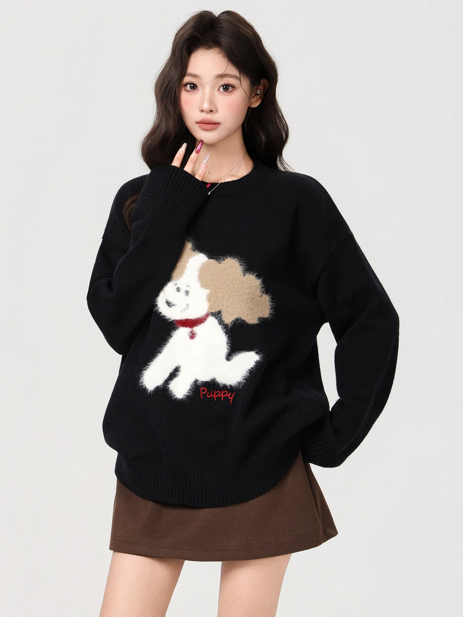 Black Puppy Embroidered Loose Women Winter Sweater