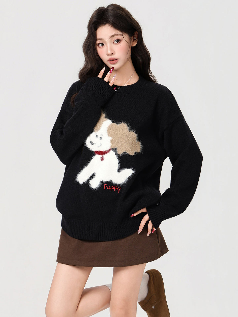 Black Puppy Embroidered Loose Women Winter Sweater