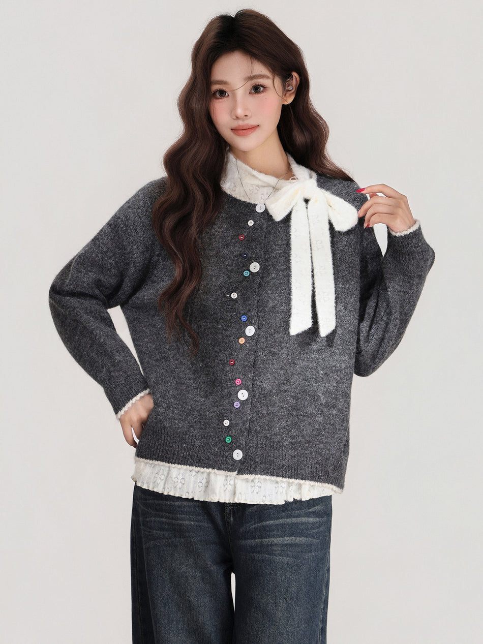 Gray Round Neck Knit Cardigan Women Winter Sweater