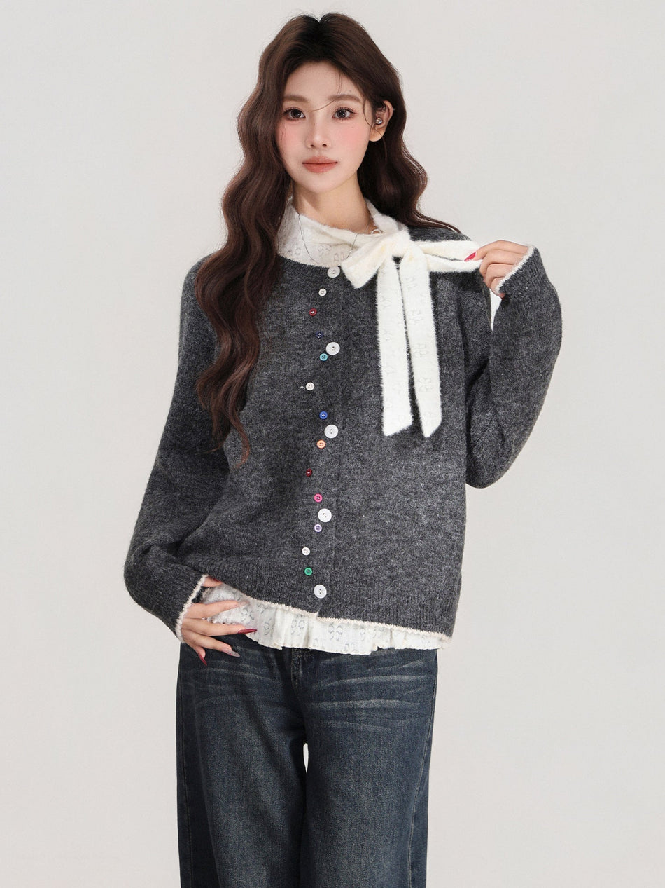 Gray Round Neck Knit Cardigan Women Winter Sweater