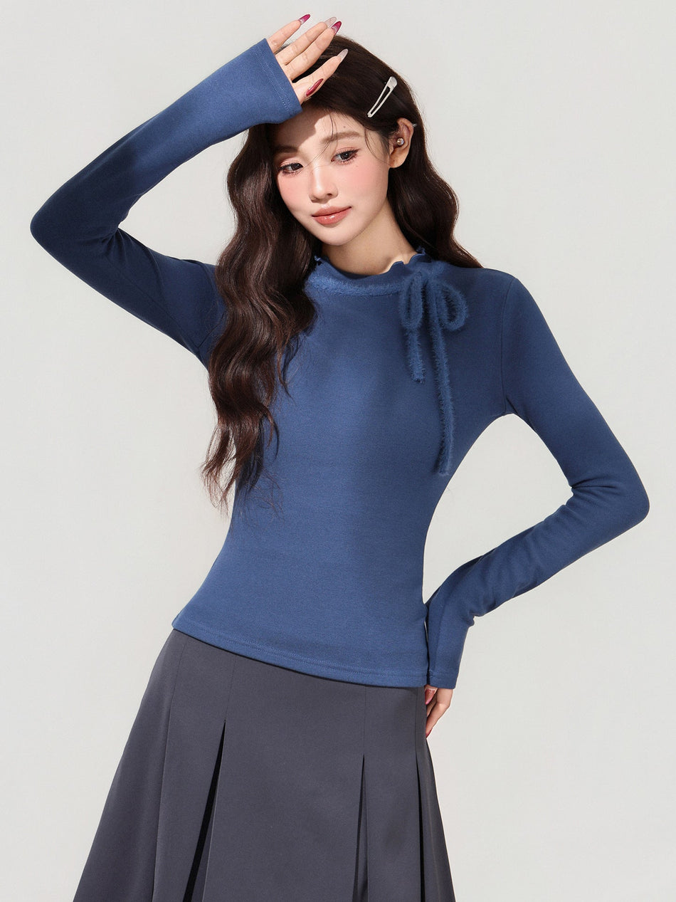 Bow Half Collar Wool Women Winter Slim Fit Top