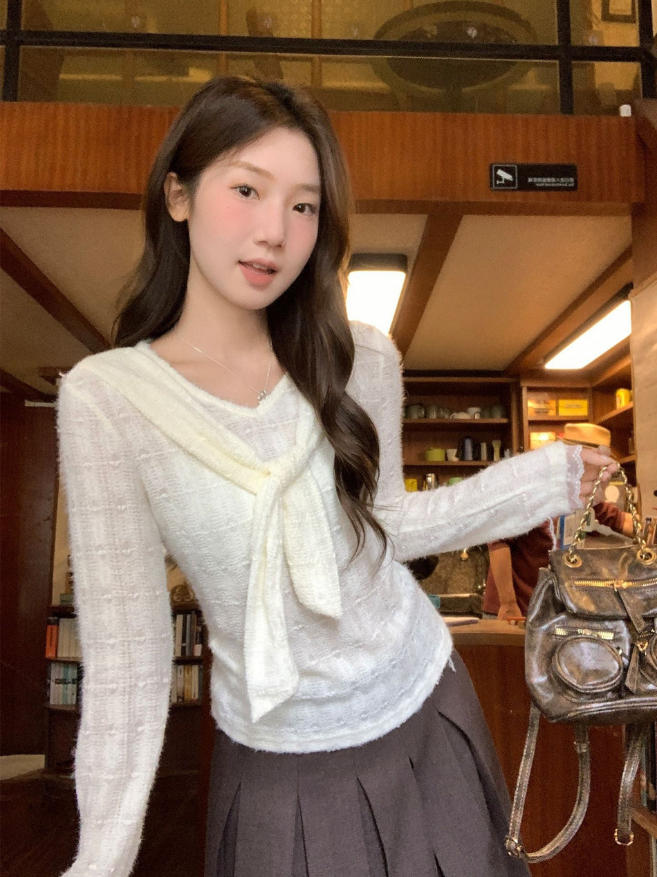 V-Neck Lace Shawl Knit Women Autumn Top