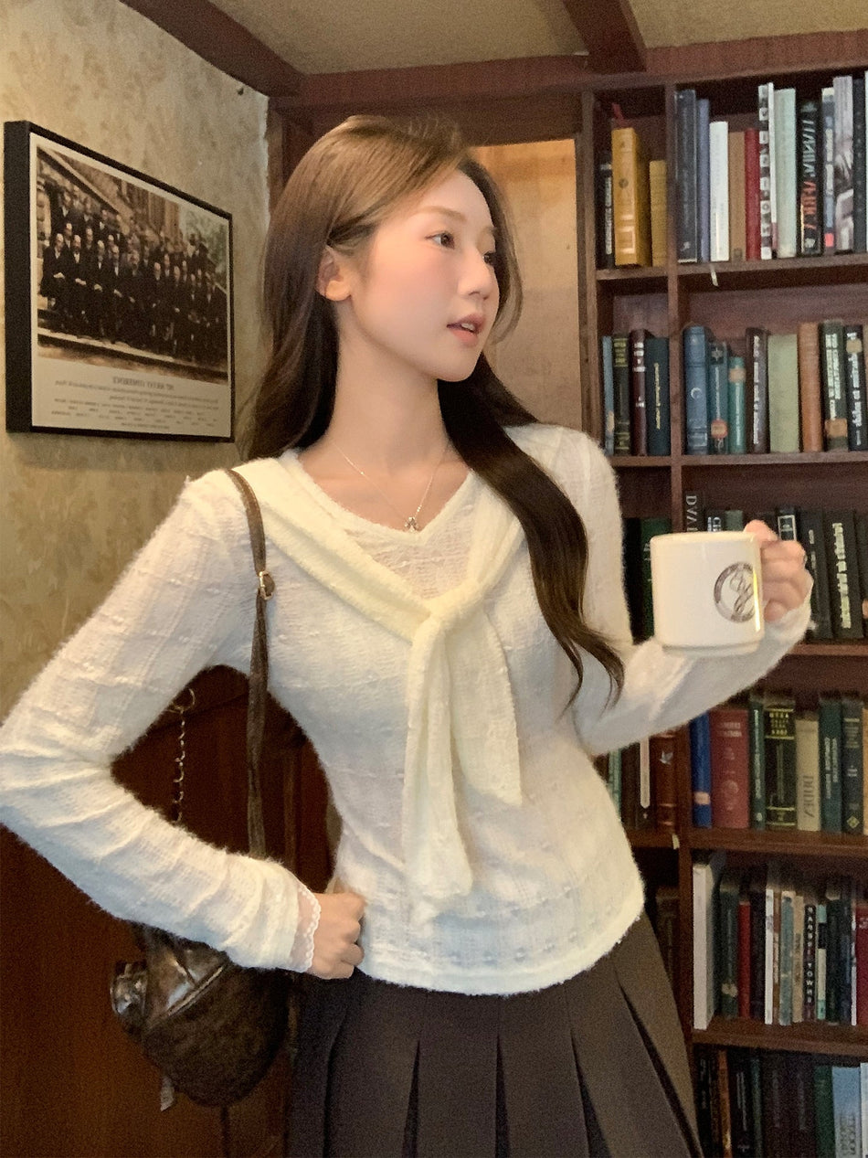 V-Neck Lace Shawl Knit Women Autumn Top