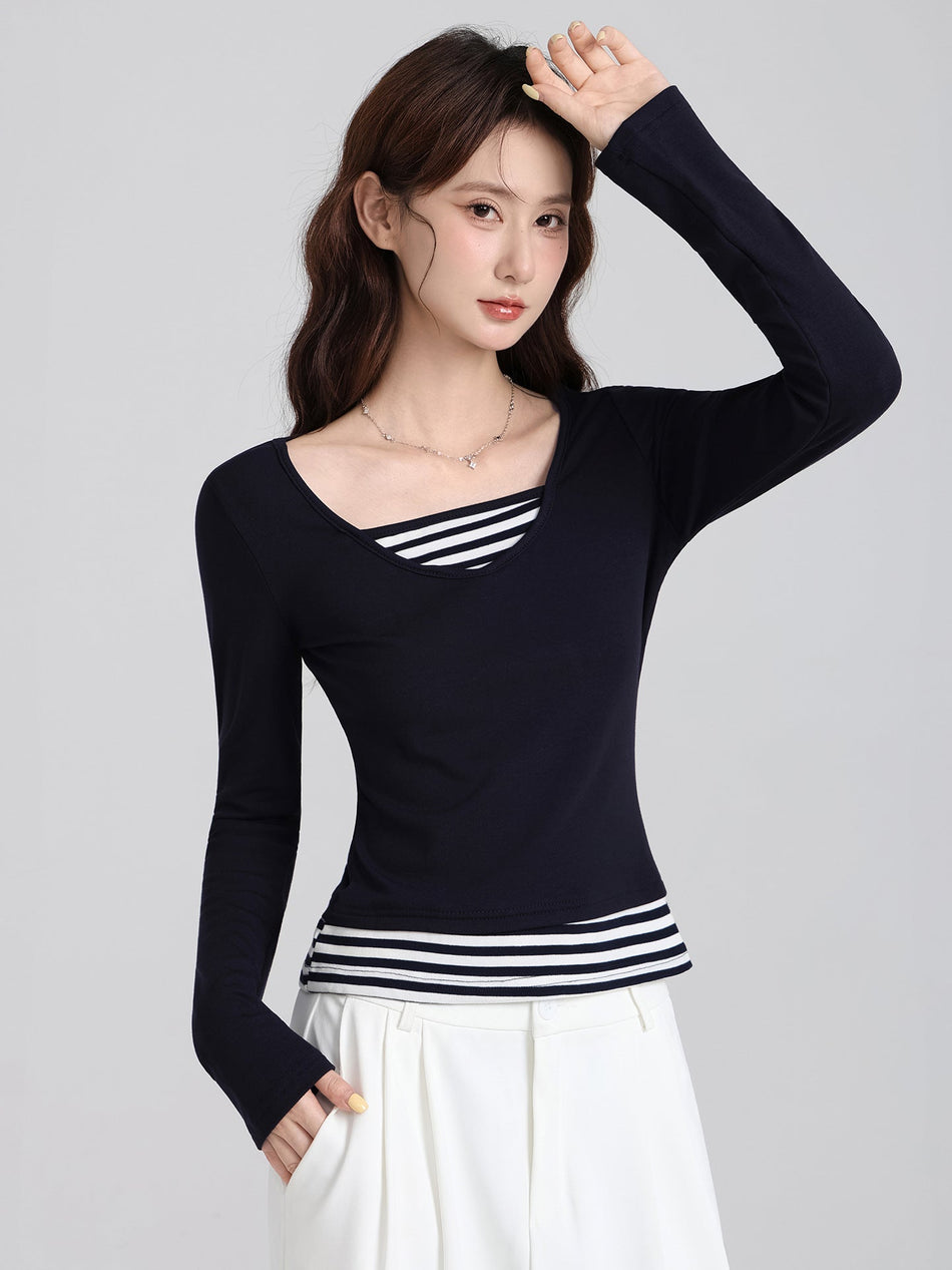 Color Block Striped Faux Two Piece Women Top