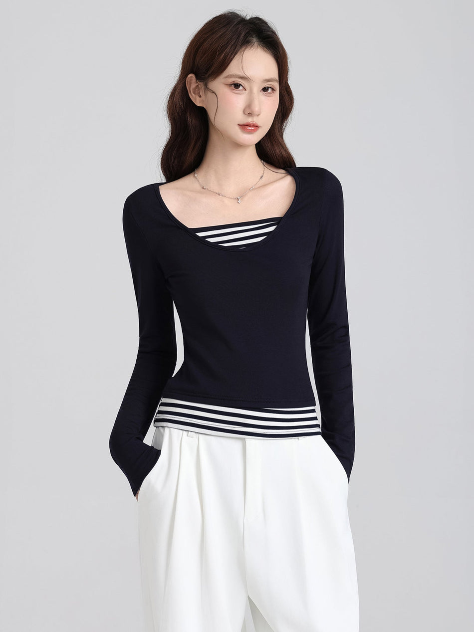 Color Block Striped Faux Two Piece Women Top