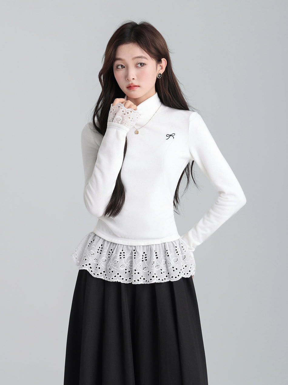 White Bow Lace Hem Fleece Women Winter Top