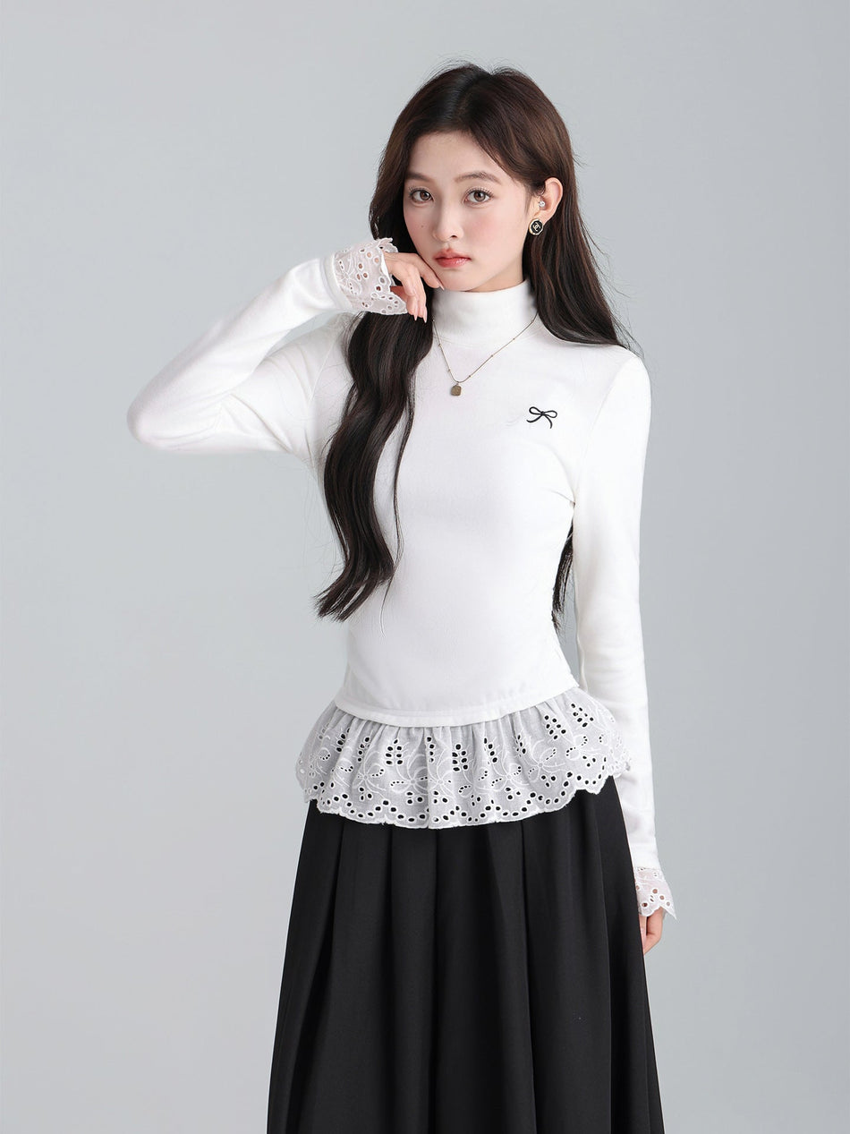 White Bow Lace Hem Fleece Women Winter Top