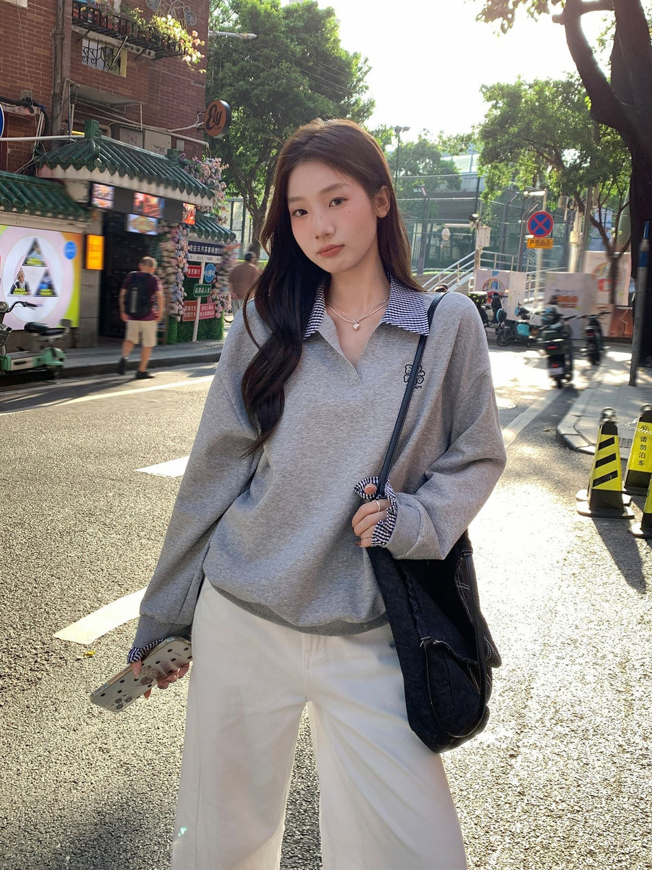 Gray Plaid Lapel Two Piece Women Winter Sweatshirt