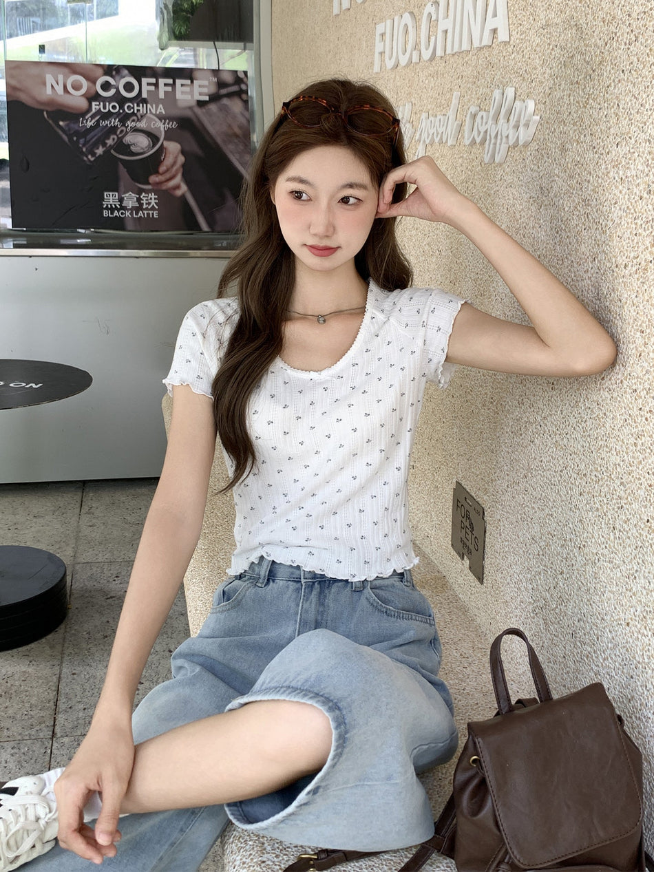 Floral Wooden Ear Women Summer Short Sleeve T-Shirt