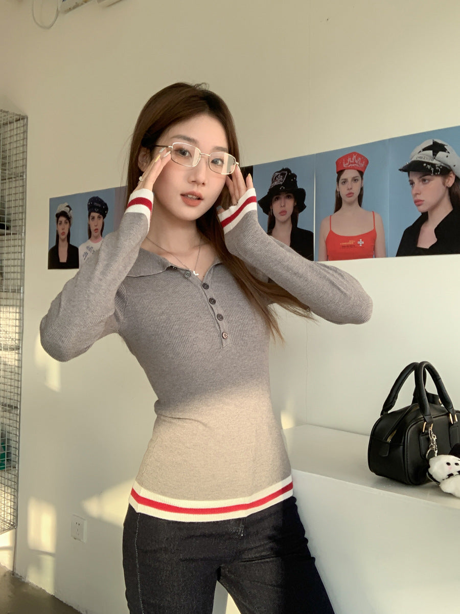 Polo Lapel Knit Sweater Women Spring Chic Top