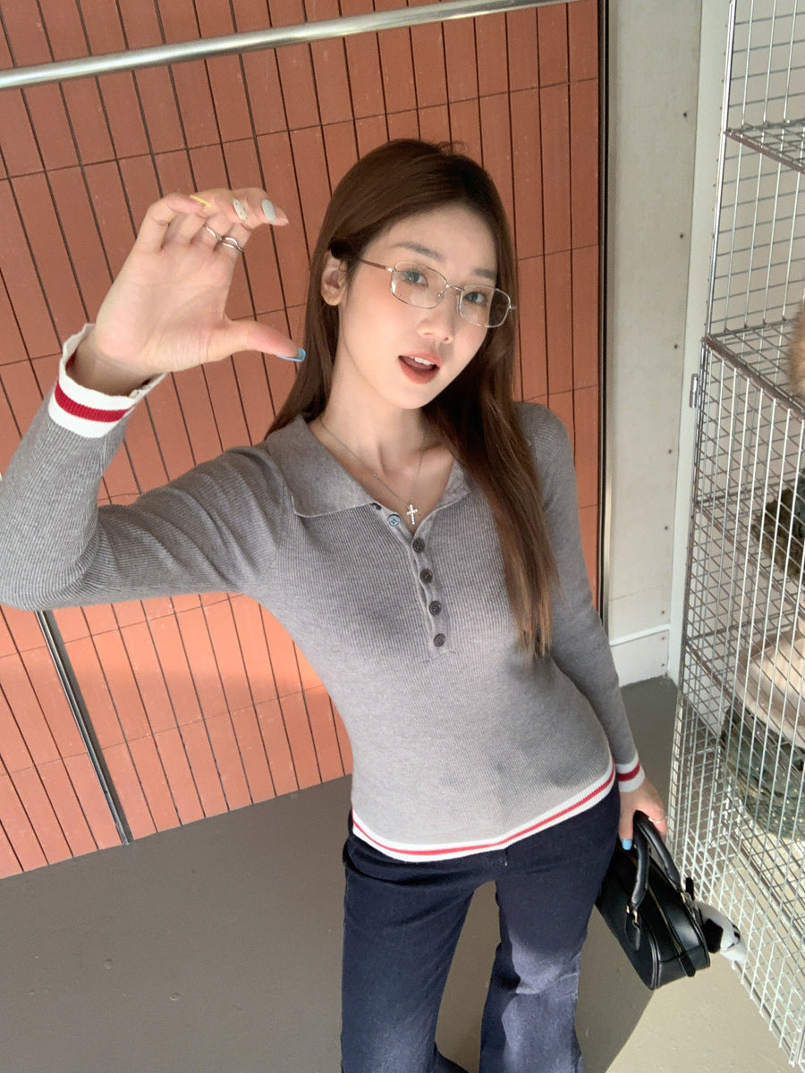 Polo Lapel Knit Sweater Women Spring Chic Top
