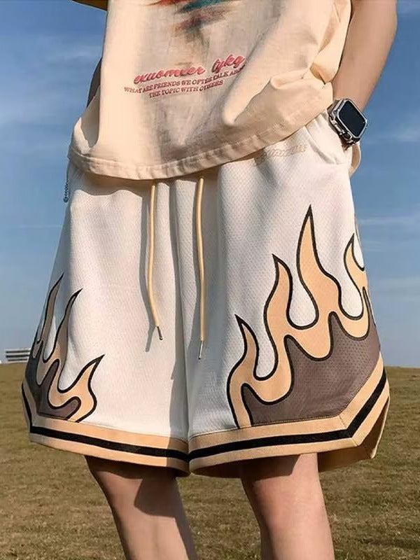 Men’s Flame Print Mesh Sports Shorts