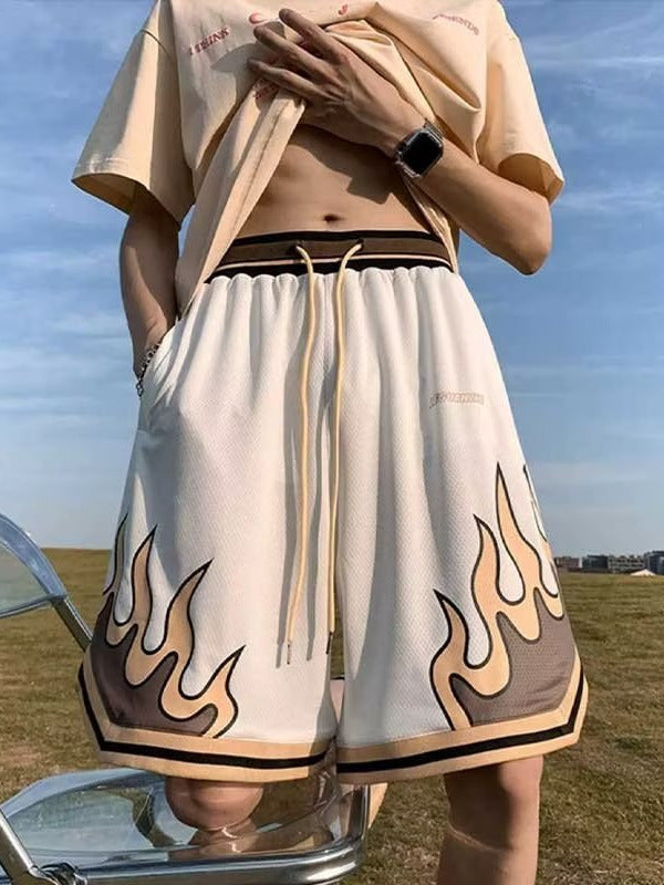 Men’s Flame Print Mesh Sports Shorts