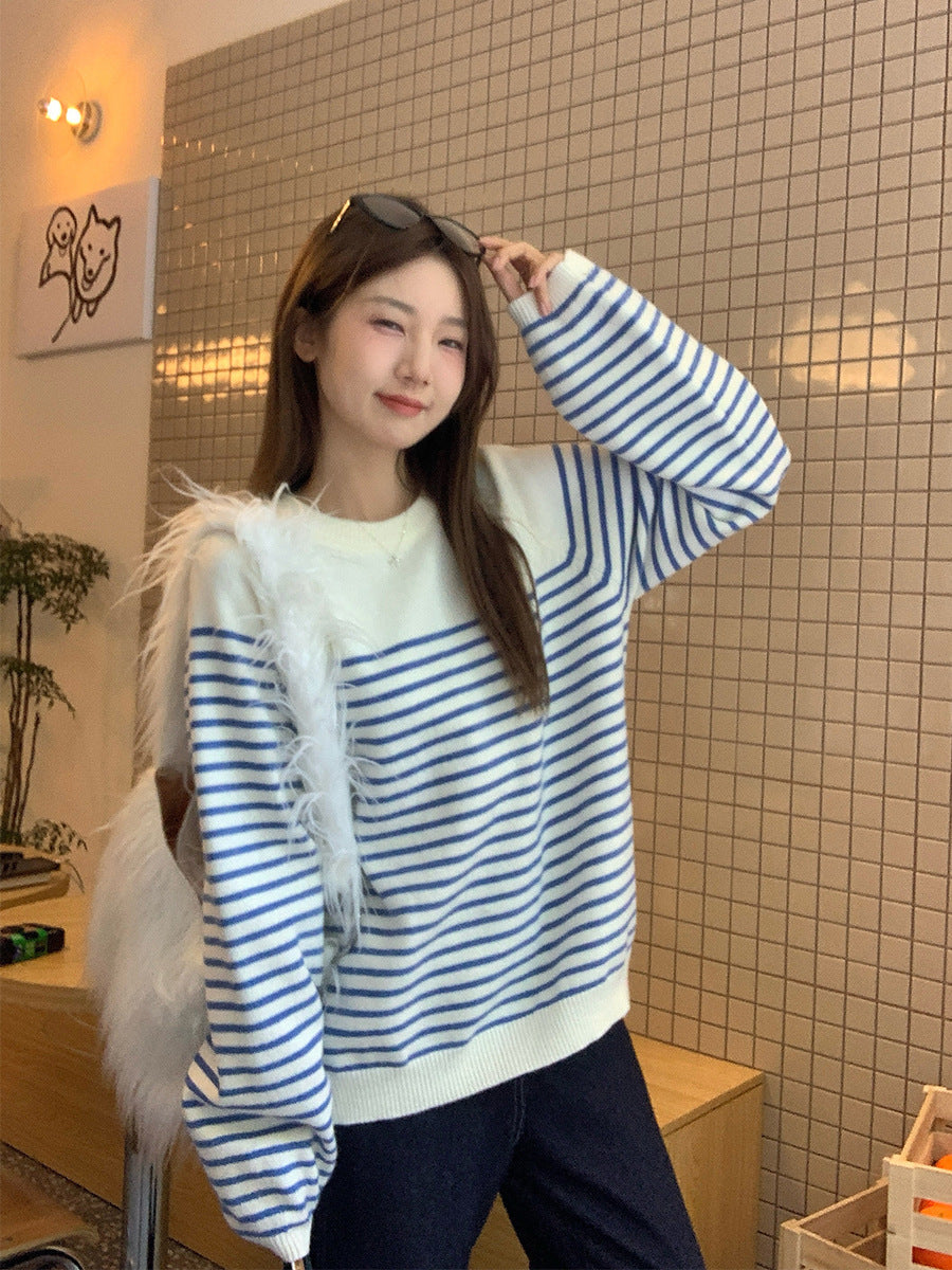Blue White Striped Knit Sweater Women Loose Winter Top