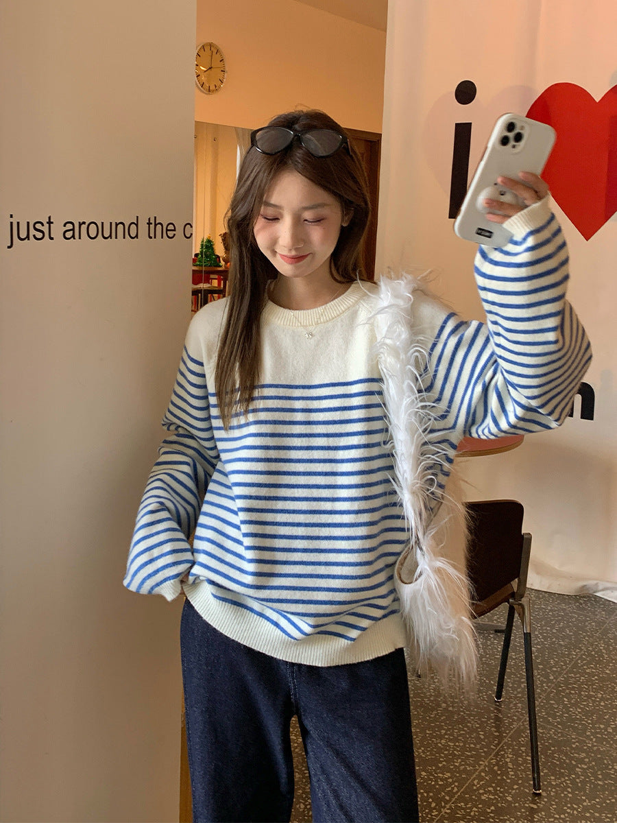 Blue White Striped Knit Sweater Women Loose Winter Top