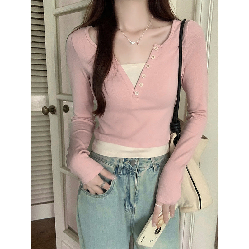 Pink Two Piece Shoulder Women Slim Autumn Top