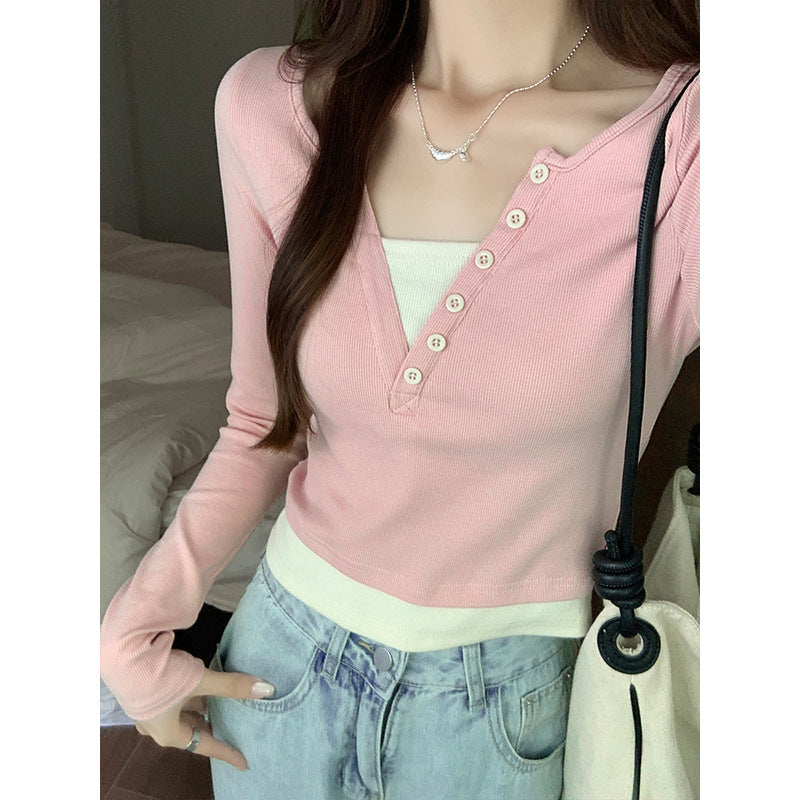 Pink Two Piece Shoulder Women Slim Autumn Top