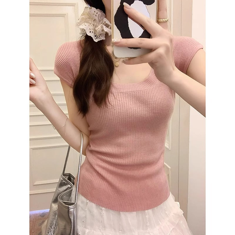 Pink U-Neck Knitted Women Summer Slim Short Sleeve Top